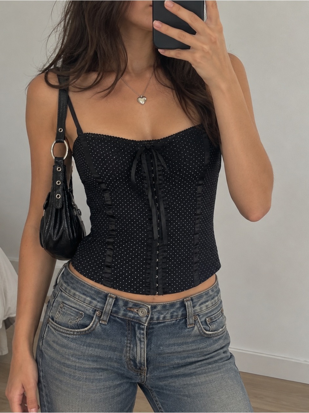 Le Chateau Y2K Black White Polka Dot Corset Top Indie Whimsygoth Grunge